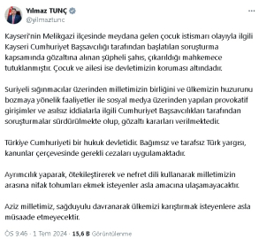 Bakan Tunç: Kayseri'deki çocuk istismarı olayında şüpheli tutuklanmıştır