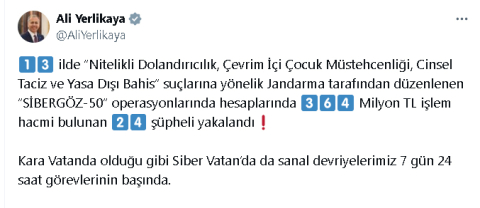 13 ildeki 'Sibergöz-50' operasyonlarında 24 şüpheli yakalandı