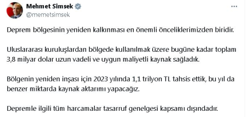 Bakan Şimşek: Uluslararası kuruluşlardan deprem bölgesine 3,8 milyar dolar kaynak sağladık