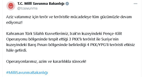 MSB: Irak ve Suriye'nin kuzeyinde 7 terörist etkisiz hale getirildi