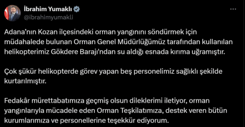 Adana'da yangına müdahale için barajdan su alan helikopter düştü; 5 mürettebatın durumu iyi (2)