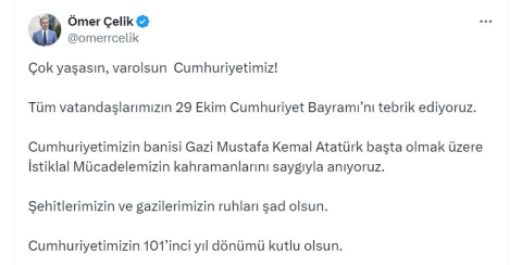 AK Parti'li Çelik'ten 'Cumhuriyet Bayramı' mesajı