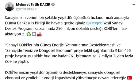 Bakan Kacır: 250 milyon dolarlık desteği KOBİ'lerimize aktarıyoruz