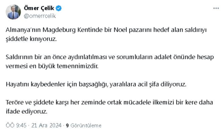 AK Parti'li Çelik: Almanya'da Noel pazarını hedef alan saldırıyı şiddetle kınıyoruz