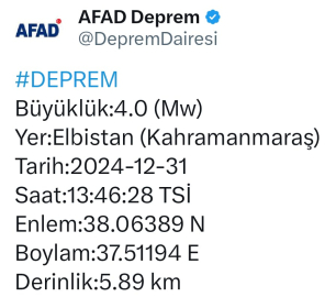 Kahramanmaraş’ta 4 büyüklüğünde deprem