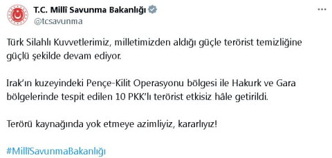 MSB: Irak'ın kuzeyinde 10 terörist etkisiz hale getirildi